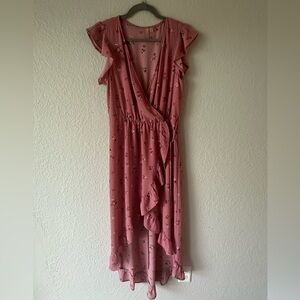 Nordstrom Rack Pink Floral Wrap Dress Women’s Medium – Ruffle High Low Hem